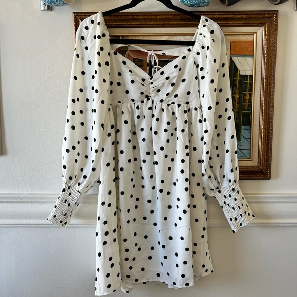 Lulu’s - Meet Me At Our Spot White Polka Dot Long Sleeve Mini Dress - M - Picture 2 of 9